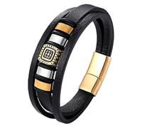 HUIANGLIYG Bracelet Homme Multicouche En Cuir Noir, Style Vintage Géométrique, Avec Fermoir Magnétique. Bijou Punk En Cuir Doré, 21 Cm, Idéal Pour Un Petit Ami, Un Mari Ou Un Père.