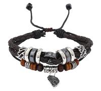 HUIANGLIYG Bracelet Jonc Ajustable Multicouche En Cuir Tressé, Motif Croix Et Feuille, Style Bohème Vintage, Perles En Bois, Accessoire Féérique Grunge, Marron, 21 Cm