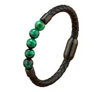 HUIANGLIYG Bracelet Jonc En Cuir Tressé Noir Pour Homme, Avec Fermoir Magnétique Et Perles En Pierre Naturelle Œil De Tigre. Vert, 21 Cm. Idéal Comme Cadeau Pour Homme Et Femme.