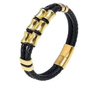 HUIANGLIYG Bracelet Jonc Homme Double Rangée En Cuir Tressé Avec Ornements, Style Hip-Hop, Fermoir Magnétique, Perles De Bambou, Couleur 4, 23 Cm