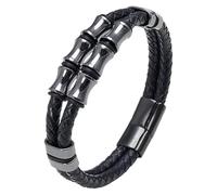 HUIANGLIYG Bracelet Jonc Homme Double Rangée En Cuir Tressé Avec Ornements, Style Hip-Hop, Fermoir Magnétique, Perles Style Bambou, Couleur 2, 23 Cm
