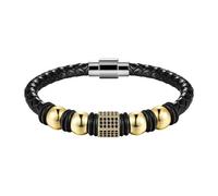 HUIANGLIYG Bracelet Jonc Homme En Cuir Noir Tressé Véritable Avec Cordon De Perles Et Fermoir Magnétique. Bracelet Manchette Tressé Classique Fait Main, Style Motard Gothique Tendance, Doré, 20 Cm.