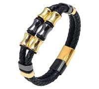 HUIANGLIYG Bracelet Jonc Homme En Cuir Tressé Double Rangée Avec Ornements, Style Hip-Hop, Fermoir Magnétique, Perles De Bambou, Coloris 3, 23 Cm