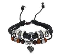 HUIANGLIYG Bracelet Jonc Multicouche Ajustable En Cuir Tressé, Motif Croix Et Feuille, Style Bohème Vintage, Perles De Bois, Accessoires Grunge Féériques, Noir, 21 Cm