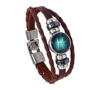 HUIANGLIYG Bracelet Jonc Tressé En Cuir Marron Vintage Avec Perles Et Pendentif Signe Du Zodiaque Poissons (20,5 Cm) - Bijou Cadeau
