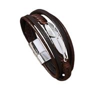 HUIANGLIYG Bracelet Jonc Tressé Multicouche en Cuir pour Homme avec Plume Argentée, Fermoir Magnétique Ajustable, Bijou Élégant Fait Main, Marron Foncé, 20 Cm. Cadeau Attentionné pour Papa.
