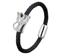 HUIANGLIYG Bracelet Jonc Vintage Viking Noir En Cuir Tressé À Tête De Dragon Pour Homme, Avec Fermoir Magnétique, Style Punk Rock, Bijou Dragon Chinois, blanc, 21 Cm.