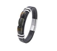 HUIANGLIYG Bracelet Manchette En Cuir Microfibre Œil De Tigre Pour Homme, Fermoir Magnétique, Style Vintage, Pierres Semi-Précieuses, Noir, Bleu Et Blanc, 19 Cm.