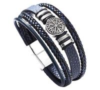 HUIANGLIYG Bracelet Manchette Viking En Cuir Pour Homme Et Femme, Style Nordique, Boussole, Tressé Multicouche, Style Rétro Classique Des Années 80, Bleu, 23 Cm