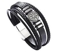 HUIANGLIYG Bracelet Manchette Viking En Cuir Pour Homme Et Femme, Style Nordique, Boussole, Tressé Multicouche, Style Rétro Classique Des Années 80, Noir, 21 Cm
