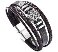 HUIANGLIYG Bracelet Manchette Viking En Cuir Pour Homme Et Femme, Style Nordique, Boussole, Tressé, Style Rétro Classique Des Années 80, Marron, 21 Cm