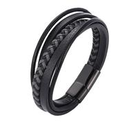 HUIANGLIYG Bracelet Multi-Rangs En Cuir Noir Pour Homme, Classique, Tissé À La Main, Avec Fermeture Magnétique, Style Rétro Punk Biker, Bijoux Cadeau Pour Hommes Et Garçons, Noir, 21 Cm