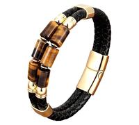 HUIANGLIYG Bracelet Multicouche En Perles D'Œil De Tigre Pour Homme, Manchette En Cuir Tressé Noir Avec Fermoir Magnétique, Fait Main, Double Couche De Cordon, Bijoux Pour Homme, Couleur 3, 23 Cm