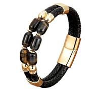 HUIANGLIYG Bracelet Multicouche En Perles D'Œil De Tigre Pour Homme, Manchette En Cuir Tressé Noir Avec Fermoir Magnétique, Fait Main, Double Cordon, Bijoux Pour Homme, Couleur 4, 21 Cm