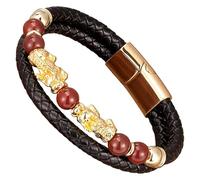 HUIANGLIYG Bracelet Pi Xiu Pour Homme En Cuir Noir Tressé Avec Fermoir Magnétique, Orné De Perles De Pierre Naturelle Et D'Un Porte-Bonheur Feng Shui. Bijou Unisexe. Longueur : 23 Cm.