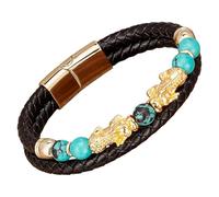 HUIANGLIYG Bracelet Pi Xiu Pour Homme En Cuir Noir Tressé Avec Fermoir Magnétique, Orné De Perles De Pierre Naturelle Et D'Un Porte-Bonheur Feng Shui. Bijou Unisexe Doré - 23 Cm
