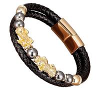 HUIANGLIYG Bracelet Pi Xiu Pour Homme En Cuir Noir Tressé Avec Fermoir Magnétique, Orné De Perles De Pierre Naturelle Et D'Un Porte-Bonheur Feng Shui. Bijou Unisexe. Longueur : 21 Cm.