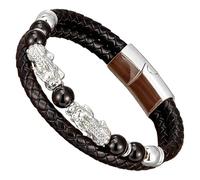 HUIANGLIYG Bracelet Pi Xiu Pour Homme En Cuir Noir Tressé Avec Fermoir Magnétique, Orné De Perles De Pierre Naturelle. Bijou Porte-Bonheur Feng Shui, Blanc, 19 Cm.