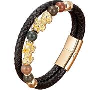 HUIANGLIYG Bracelet Pi Xiu Pour Homme En Cuir Noir Tressé Avec Fermoir Magnétique, Orné De Perles De Pierre Naturelle Et D'Un Porte-Bonheur Feng Shui. Bijou Unisexe. Taille : 21 Cm (Doré).