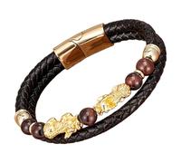 HUIANGLIYG Bracelet Pi Xiu Pour Homme En Cuir Noir Tressé Avec Fermoir Magnétique, Orné De Perles De Pierre Naturelle Et D'Un Porte-Bonheur Feng Shui. Bijou Unisexe. Couleur : Or. Longueur : 21 Cm.