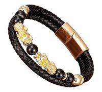 HUIANGLIYG Bracelet Pi Xiu Pour Homme En Cuir Noir Tressé Avec Fermoir Magnétique, Orné De Perles De Pierre Naturelle Et D'Un Porte-Bonheur Feng Shui. Bijou Unisexe. Couleur : Or. Longueur : 23 Cm.