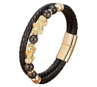 HUIANGLIYG Bracelet Pi Xiu Pour Homme En Cuir Noir Tressé Avec Fermoir Magnétique, Orné De Perles De Pierre Naturelle. Bijou Feng Shui Porte-Bonheur Pour Homme Et Femme. Longueur : 21 Cm.