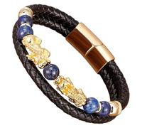 HUIANGLIYG Bracelet Pi Xiu Pour Homme En Cuir Noir Tressé Avec Fermoir Magnétique, Orné De Perles De Pierre Naturelle Et D'Un Porte-Bonheur Feng Shui. Bijou Unisexe. Longueur : 19 Cm.