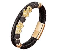 HUIANGLIYG Bracelet Pi Xiu Pour Homme En Cuir Noir Tressé Avec Fermoir Magnétique, Orné De Perles De Pierre Naturelle. Bijou Feng Shui Porte-Bonheur Pour Homme Et Femme. Longueur : 19 Cm.