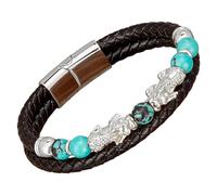 HUIANGLIYG Bracelet Pi Xiu Pour Homme En Cuir Tressé Noir Avec Fermoir Magnétique, Orné De Perles De Pierre Naturelle. Bijou Feng Shui Porte-Bonheur Pour Homme Et Femme, Blanc - Hauteur 21 Cm