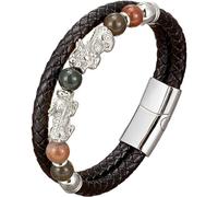 HUIANGLIYG Bracelet Pi Xiu Pour Homme En Cuir Tressé Noir Avec Fermoir Magnétique, Orné De Perles De Pierre Naturelle. Bijou Feng Shui Porte-Bonheur Pour Homme Et Femme, Blanc - 21 Cm