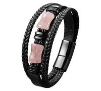 HUIANGLIYG Bracelet Pour Homme En Cuir Tressé Multicouche, Orné De Perles De Cristal Et De Pierre Naturelle. Fermoir Magnétique. Bijou Fait Main, CadeauPour Un Petit Ami Ou Un Mari. Quartz Rose, 19