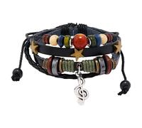 HUIANGLIYG Bracelet Rétro En Cuir Avec Perles Colorées, Breloques Étoile Et Note De Musique, Style Y2K, Bracelet Multi-Rangs En Cuir Pour Femmes Et Hommes, Accessoires Fairy Core Grunge, Noir, 21 Cm