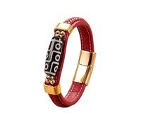 HUIANGLIYG Bracelet Tibétain À 9 Yeux Dzi pour Hommes, Bracelet en Cuir Tressé À Bandeau À Fermoir Magnétique Réglable, Bijou Vintage Style ethnique, Cadeau pour Lui Rouge Or 21 Cm