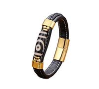 HUIANGLIYG Bracelet Tibétain À Perles Dzi À Neuf Yeux pour Hommes, Bracelet en Cuir Noir Tressé Double Couche avec Fermoir Magnétique, Motif Tribal Rétro, Bijoux À Main pour Les Fêtes Quotid