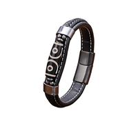 HUIANGLIYG Bracelet Tibétain À Perles Dzi À Neuf Yeux pour Hommes, Bracelet en Cuir Noir Tressé Double Couche avec Fermoir Magnétique, Motif Tribal Rétro, Bijoux À Main pour Les Fêtes Quotid