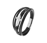 HUIANGLIYG Bracelet Tressé en Cuir Véritable pour Homme, Fait À La Main, avec Croix Multicouche, Motif Jésus Christ, Crucifix, Cadeau pour Fils, Papa, Mari, Petit Ami, Argent, 21 Cm