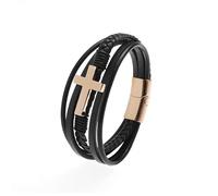 HUIANGLIYG Bracelet Tressé en Cuir Véritable pour Homme, Fait À La Main, avec Croix Multicouche, Motif Crucifix Jésus Christ, Cadeau pour Fils, Papa, Mari, Petit Ami, Doré, 19 Cm