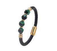 HUIANGLIYG Bracelet Vintage en Cuir Tressé avec Perles en Pierres Précieuses Naturelles, Bracelet À Poignet Unisexe À Fermoir Magnétique Bijoux de Mode Cadeau pour Hommes, Femmes Malachite 21Cm