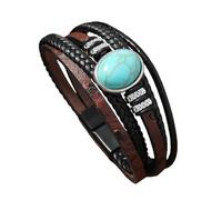 HUIANGLIYG Bracelet Vintage en Cuir Turquoise Multi Rangs pour Homme, Tressé À La Main avec Fermoir Magnétique, Style Bohème Western, Cadeau Attentionné pour Papa, Noir et Marron, 20 Cm