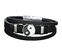 HUIANGLIYG Bracelet Yin Yang En Cuir Pour Homme, Bracelet En Cuir Tressé Multicouche Avec Fermoir Magnétique, Bijou Spirituel Pour Couple Ou Amis, Noir, 20 Cm