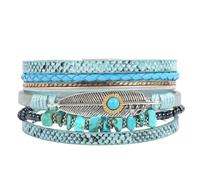 HUIANGLIYG Bracelets en Cuir À Plumes Bohèmes pour Femmes, Multi Brins, Perles Irrégulières en Pierre Naturelle, Style ethnique Rétro, Larges Bracelets, Bijoux Cadeaux pour Épouse et Sœur, Bl