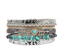 HUIANGLIYG Bracelets en Cuir À Plumes Bohèmes pour Femmes, Multi Brins, Perles Irrégulières en Pierre Naturelle, Style ethnique Rétro, Larges Bracelets, Bijoux Cadeaux pour Épouse et Sœur, Ar