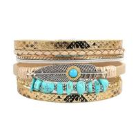 HUIANGLIYG Bracelets en Cuir À Plumes Bohèmes pour Femmes, Multi Brins, Perles Irrégulières en Pierre Naturelle, Style ethnique Rétro, Larges Bracelets, Bijoux Cadeaux pour Épouse et Sœur, Or