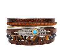 HUIANGLIYG Bracelets en Cuir À Plumes Bohèmes pour Femmes, Multi Rangs, Perles Irrégulières en Pierre Naturelle, Style ethnique Rétro, Larges Bracelets, Bijoux Cadeaux pour Épouse et Sœur, Ma