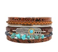 HUIANGLIYG Bracelets en Cuir À Plumes Bohèmes pour Femmes, Multi Rangs, Perles Irrégulières en Pierre Naturelle, Style ethnique Rétro, Larges Bracelets, Bijoux Cadeaux pour Épouse et Sœur, Ma