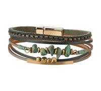 HUIANGLIYG Bracelets En Cuir Bohème Pour Femmes, Bracelets Manchettes En Perles De Cristal Brut Naturel, Bracelets Tubes En Or, Bracelet Multicouche Fait Main Avec Fermoir Magnétique Vert 19,5 Cm