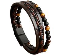 HUIANGLIYG Bracelets En Cuir Pour Hommes, Perles En Pierre De Lave Œil De Tigre Naturelle, Fermoir Magnétique, Style Bohème, Bijoux Cadeaux Pour Hommes Et Femmes, Café, 19 Cm