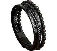 HUIANGLIYG Bracelets En Cuir Pour Hommes, Perles En Pierre De Lave Naturelle Œil De Tigre, Fermoir Magnétique, Style Bohème, Bijoux Cadeaux Pour Hommes Et Femmes, Noir, 21 Cm