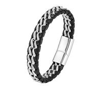 HUIANGLIYG Gourmette Homme,Bracelet en Cuir Tressé À Double Rangée pour Homme, Tendance, Fait À La Main, avec Boucle, Style Punk Vintage, Idéal pour Toutes Les Occasions, Argent, 21 Cm