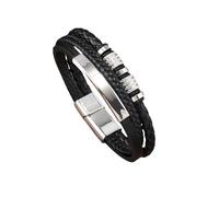 HUIANGLIYG Gourmette Homme,Bracelet en Cuir Tressé Multicouche pour Homme, Élégant Bracelet Torsadé en Cuir Tressé avec Fermoir, Style Punk Vintage, Cadeau pour Garçon, Argent, 19 Cm